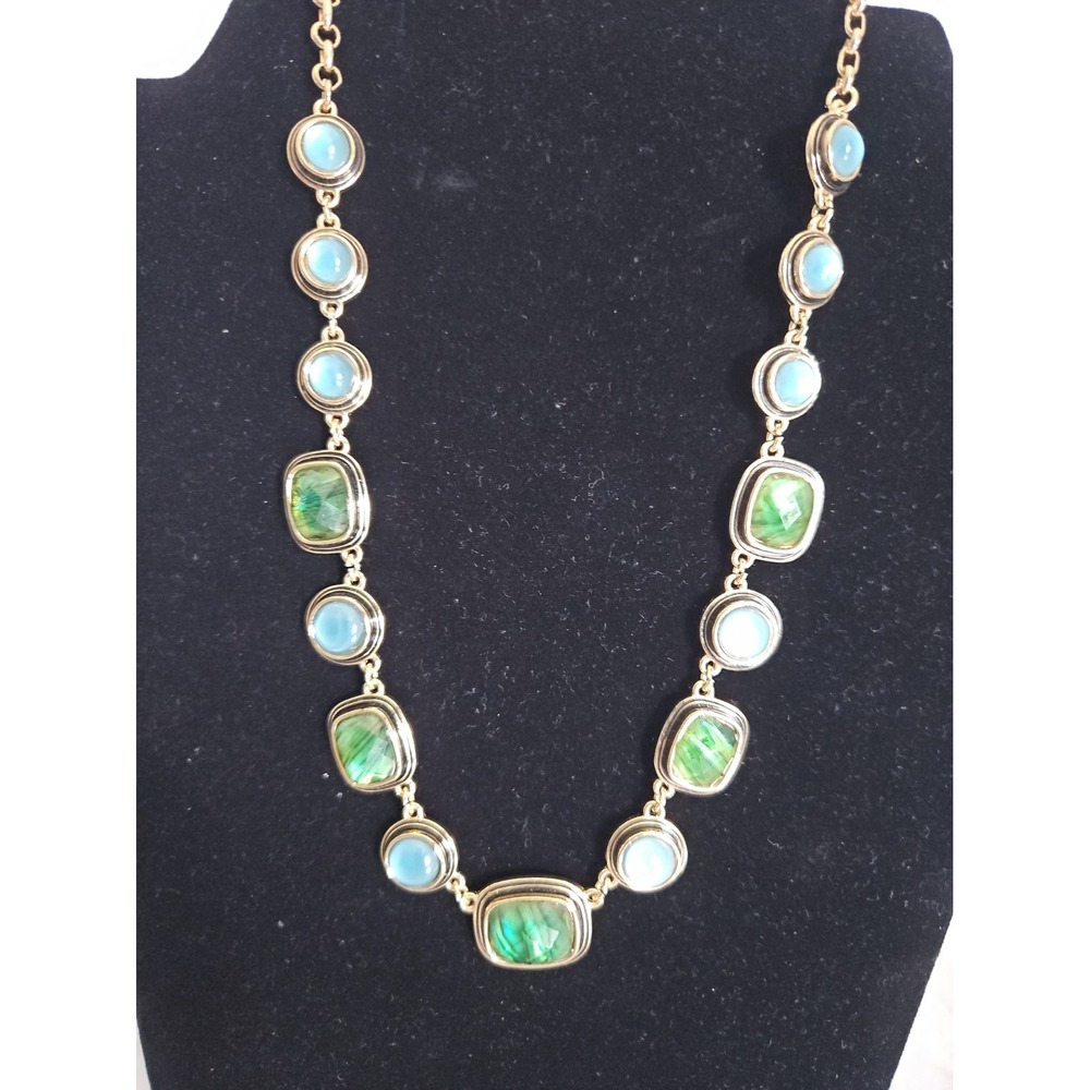 Napier Chain Link Green And Blue Necklace Gold Tone Marked Classic